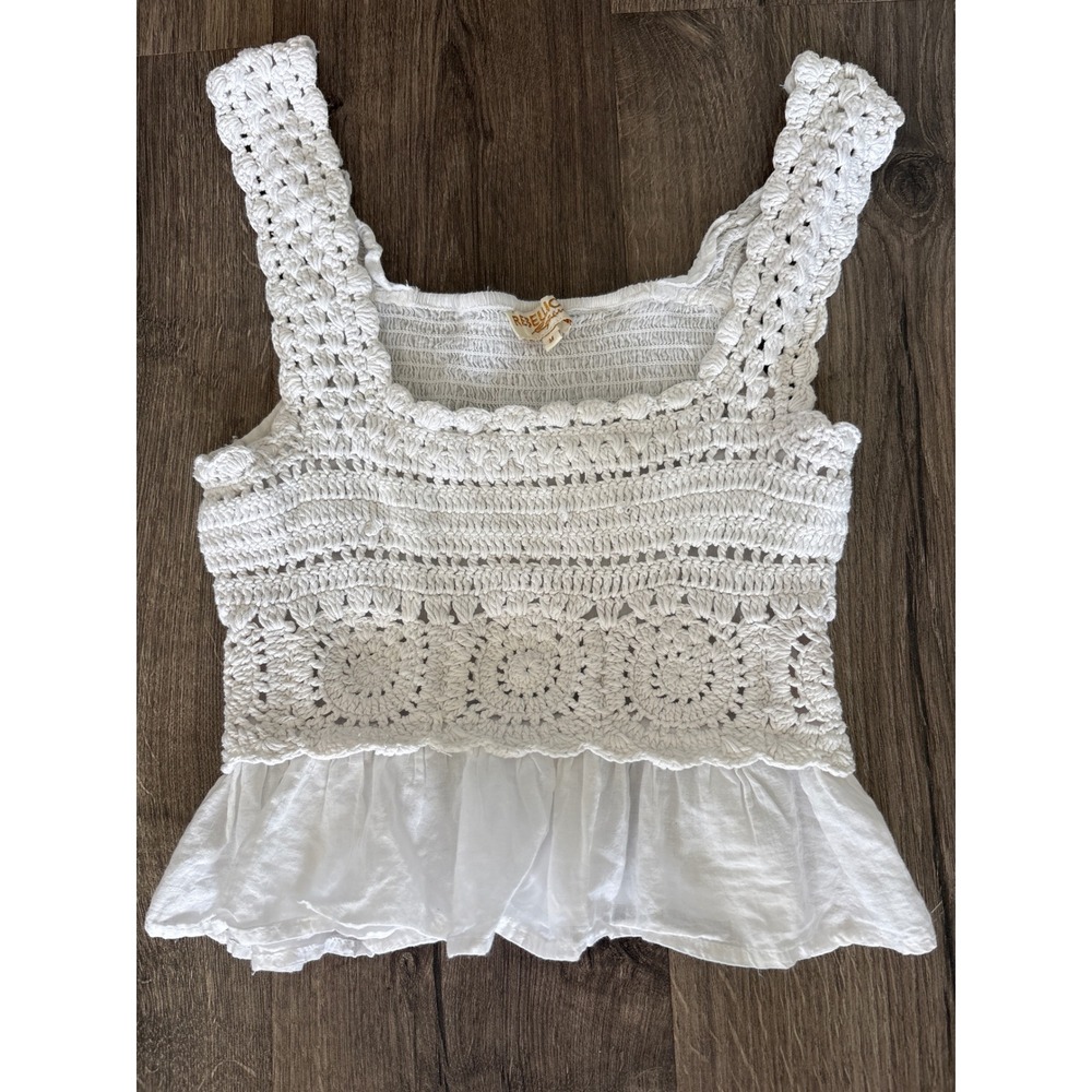 Rebellion Again White Crochet Lace Peplum Top Smocked Back Boho Size M